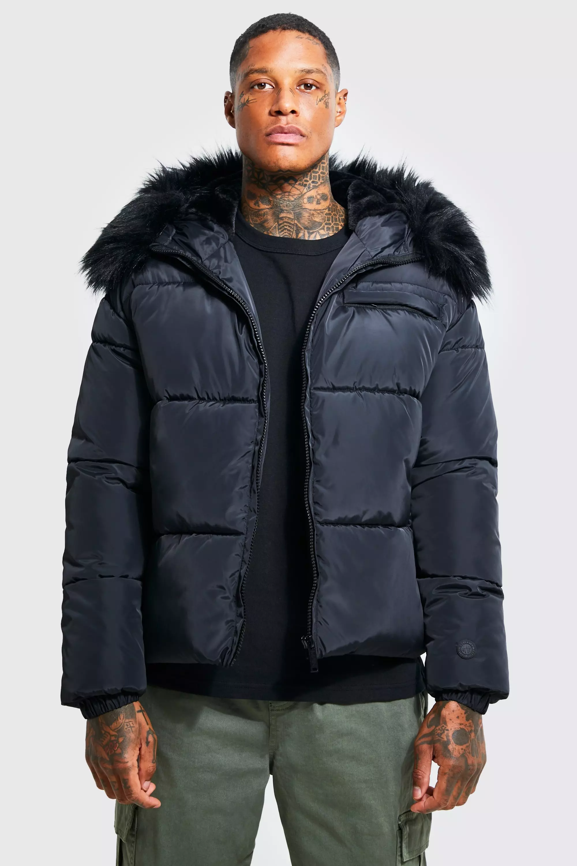 Black faux fur store trim hooded puffer coat