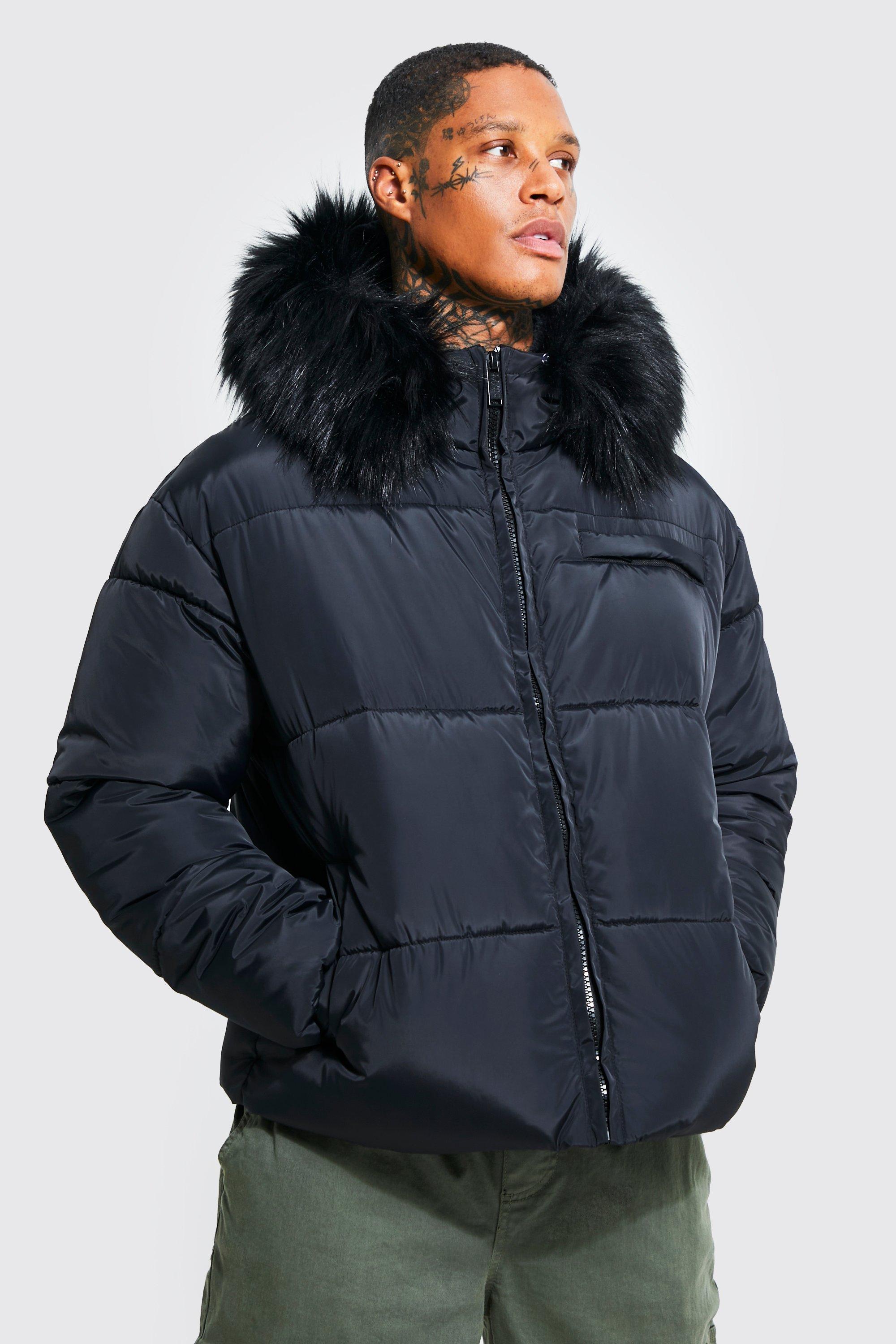 Black faux fur cheap trim hooded puffer coat