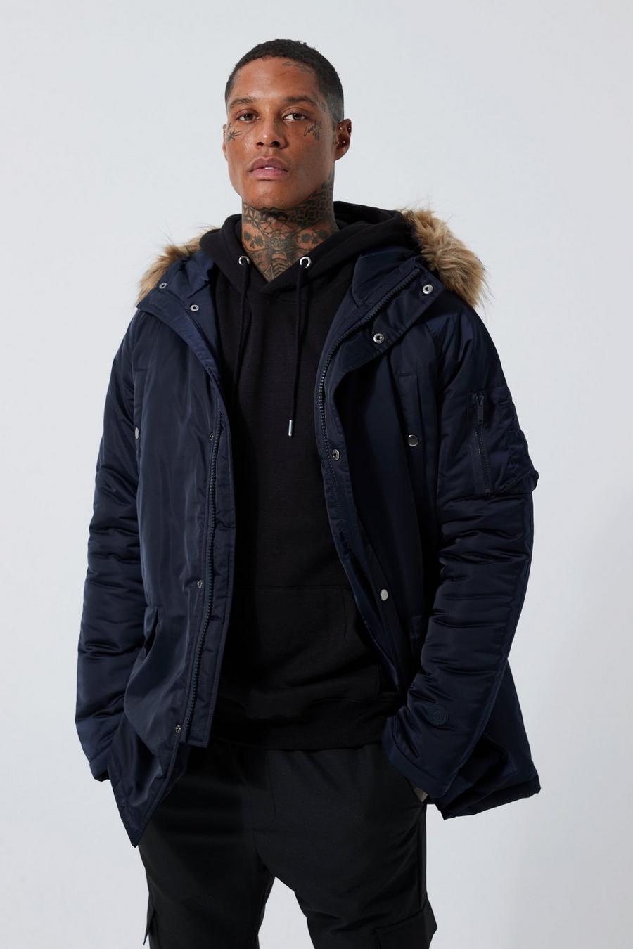 Navy marine Satin Rouched Parka With Faux Fur Trim Hood