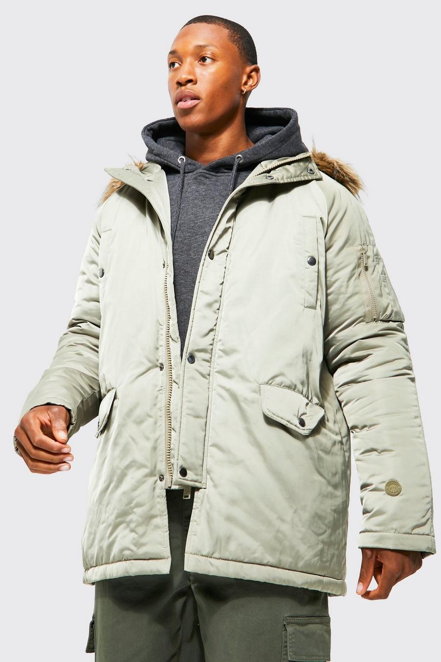 Sage green Satin Rouched Parka With Faux Fur Trim Hood