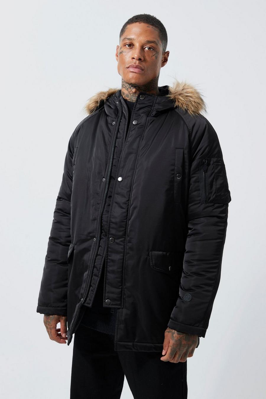 Black negro Satin Rouched Parka With Faux Fur Trim Hood