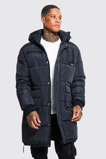 Black Utility Trim Padded Longline Parka