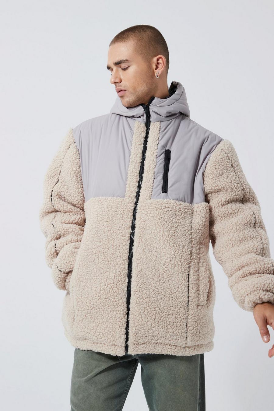 Veste en polaire à capuche et empiècement contrastant en nylon, Grey image number 1