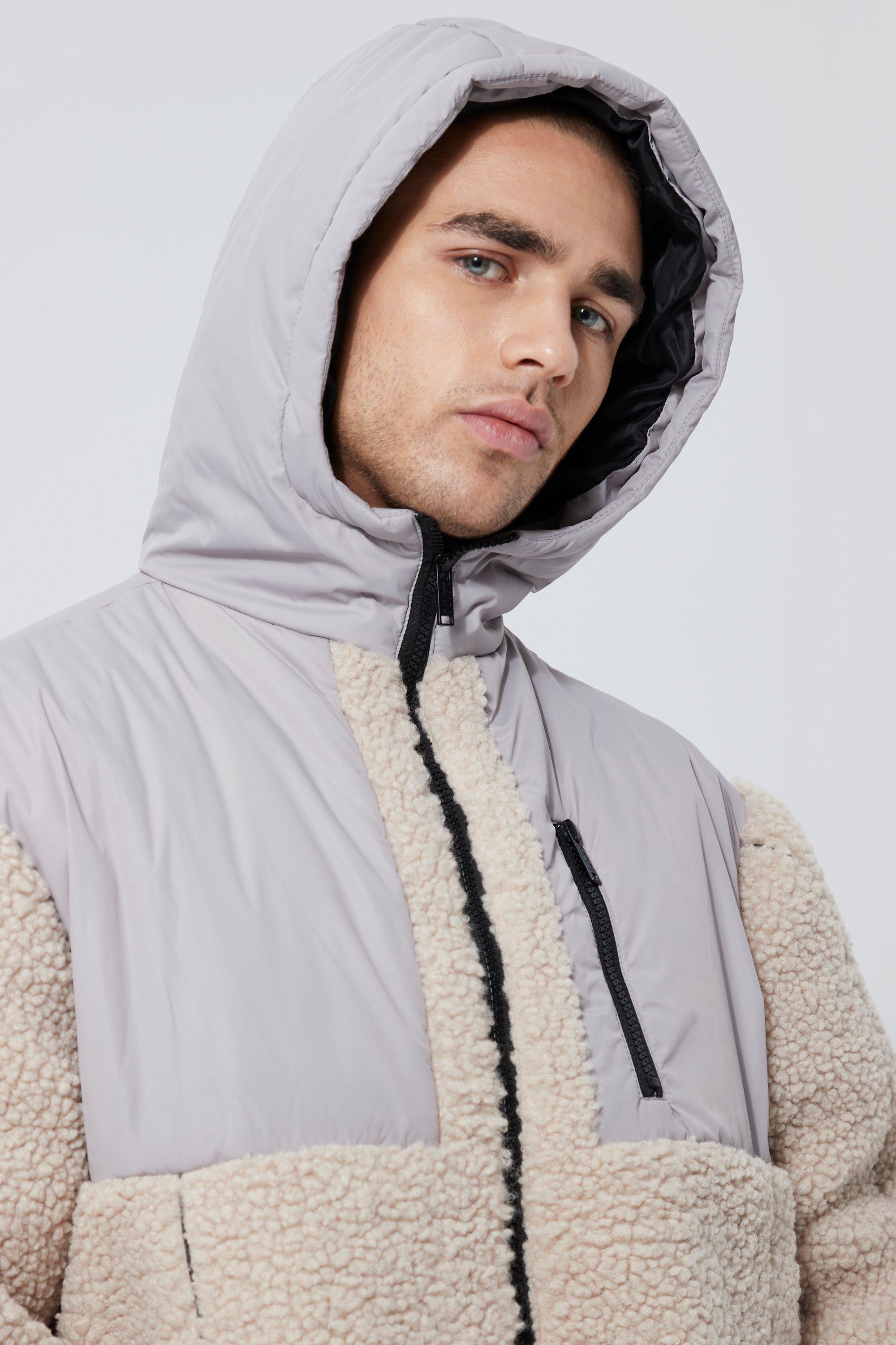 Men's Borg Hooded Jacket With Nylon Contrast Panel | Boohoo UK