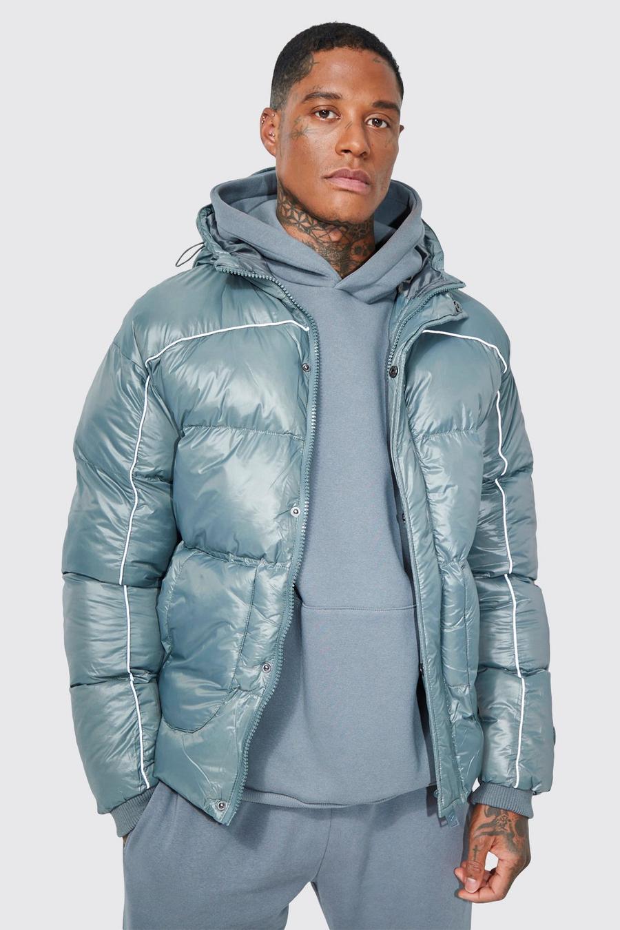 Grey Highshine Puffer With Reflective Piping