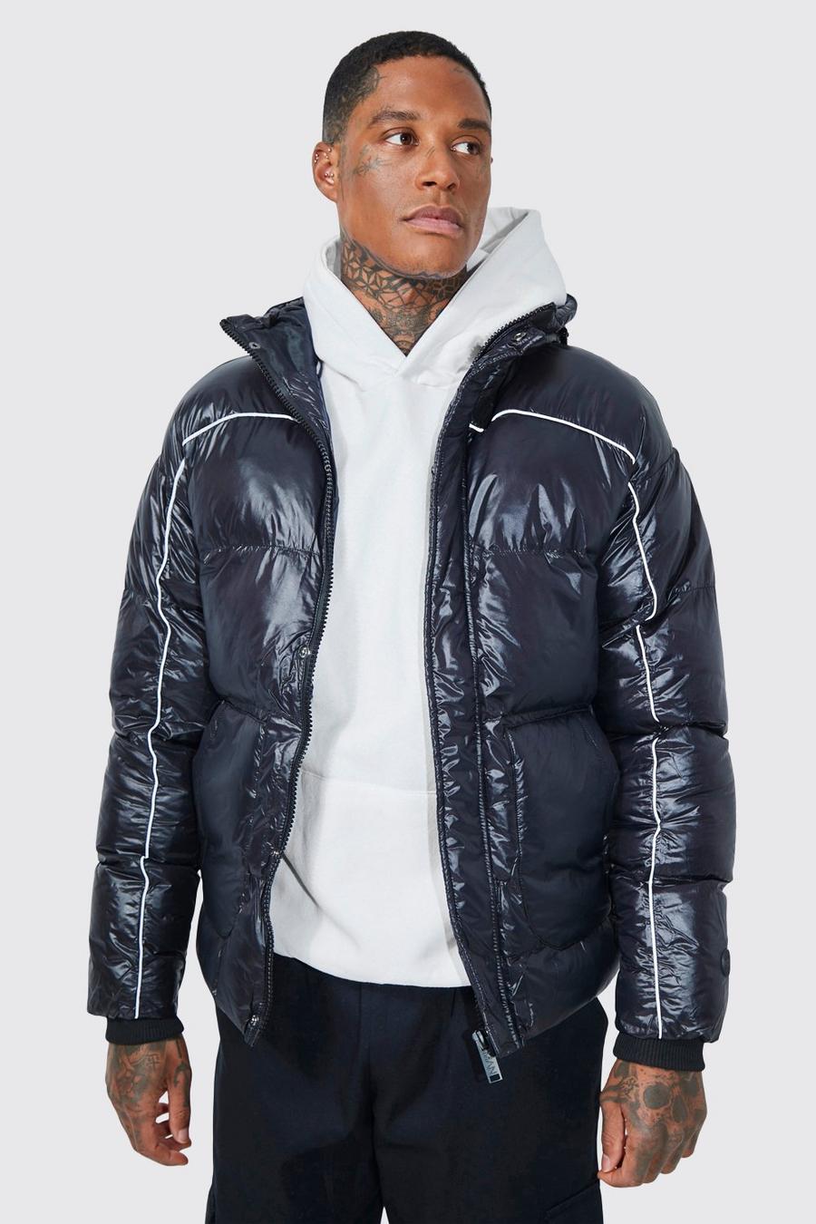 Black Highshine Puffer With Reflective Piping image number 1
