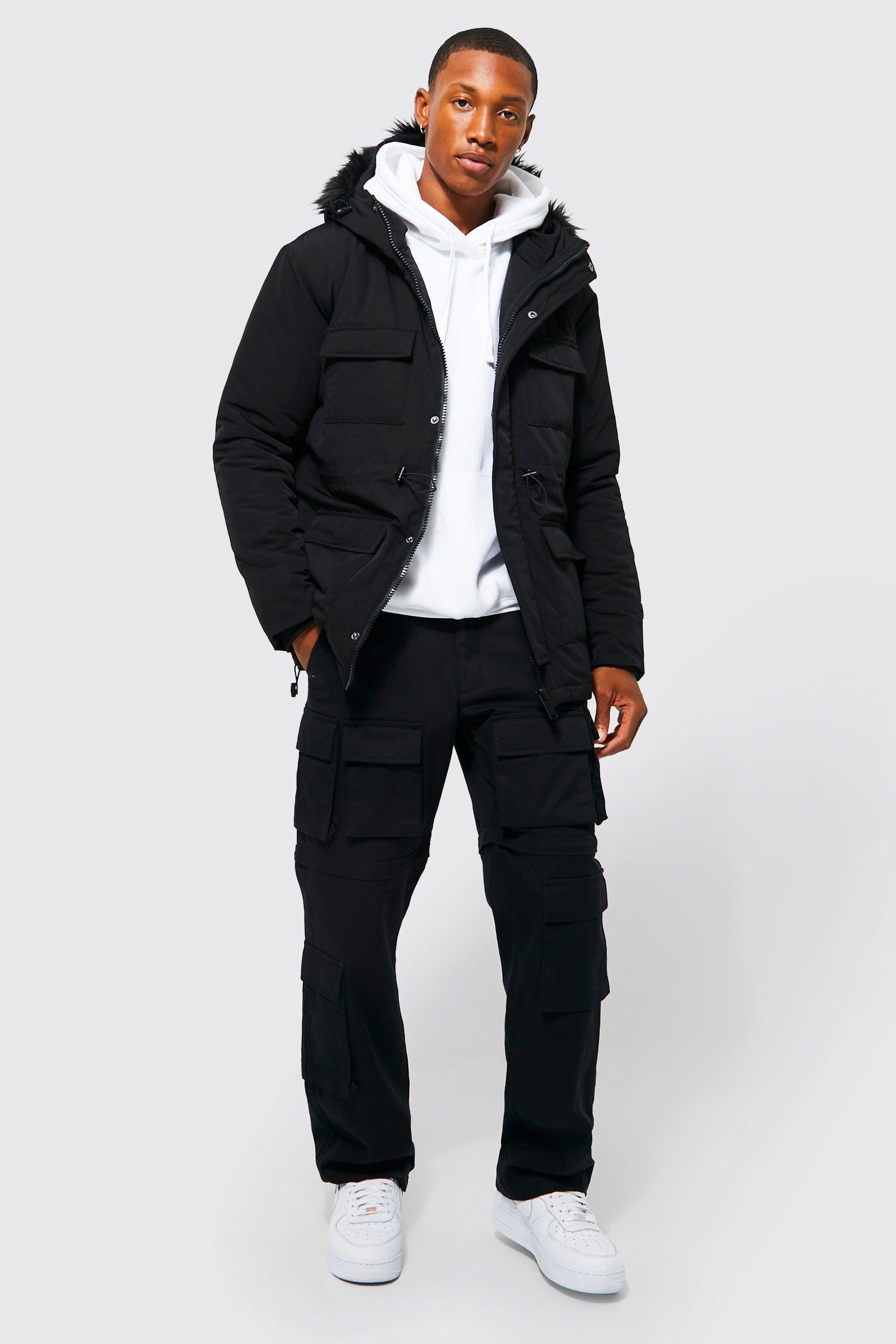 Mens parka with 2024 fur hood uk