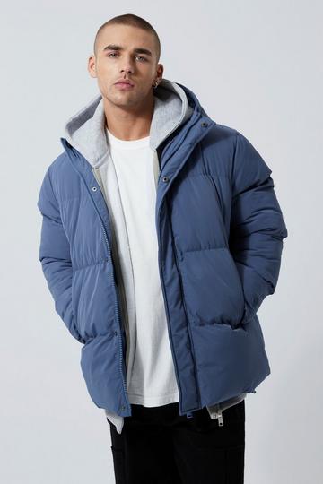 Concealed Placket Hooded Puffer blue