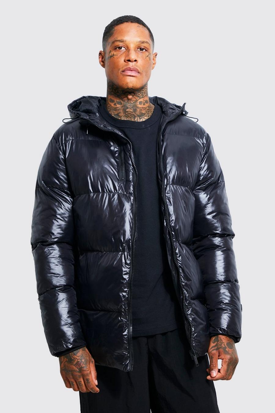 Black Double Zip High Shine Mid Length Puffer image number 1