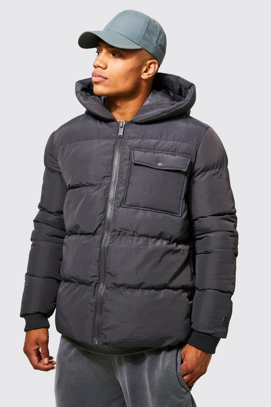 Slate grey Hooded Puffer With Patch Pocket