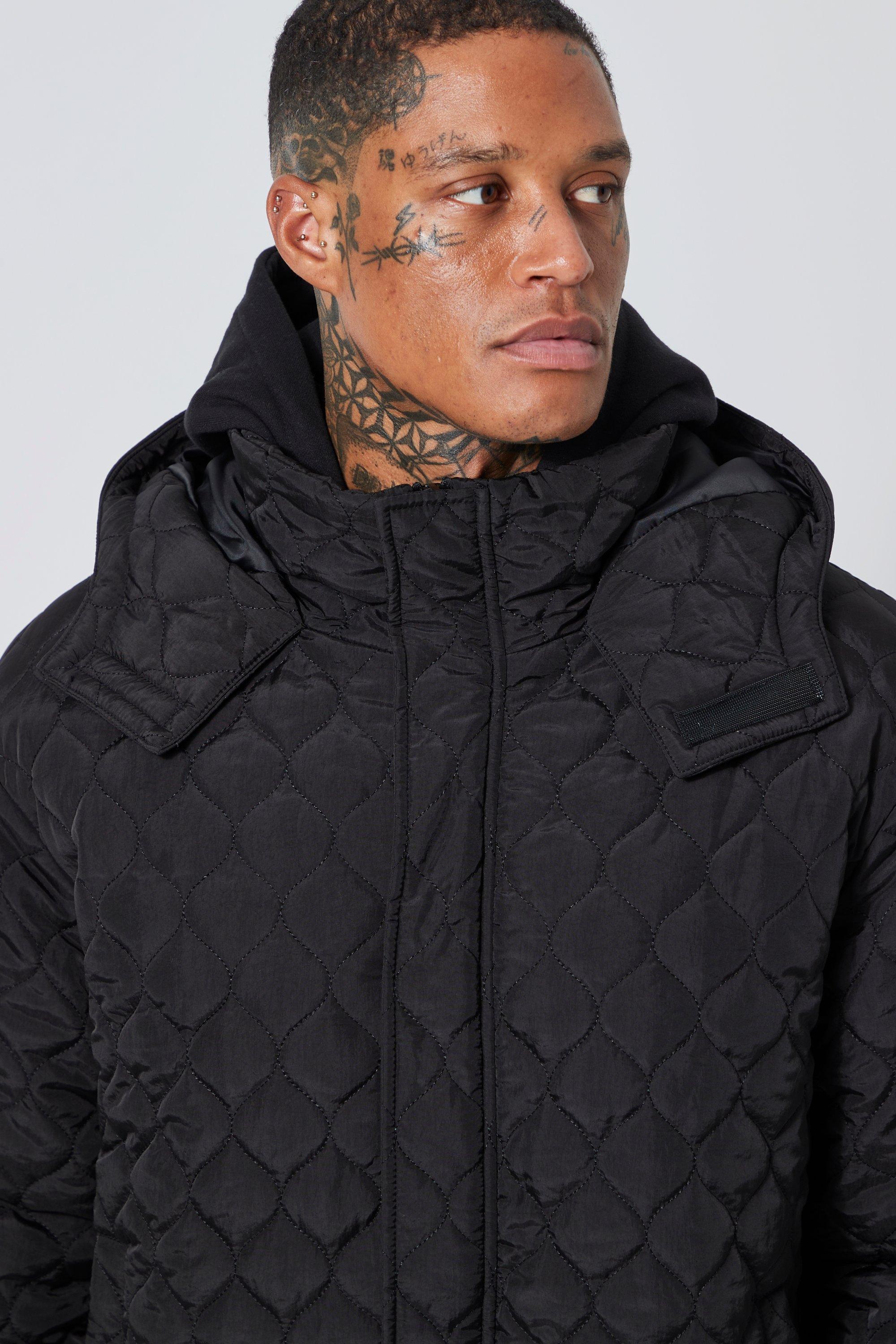 Quilted hooded hot sale jacket mens