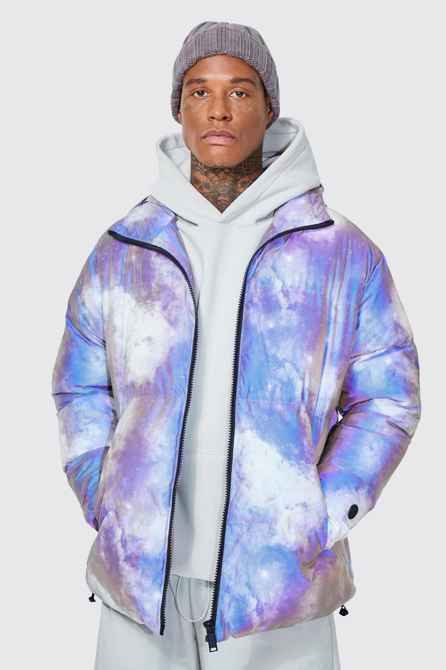Grey Galactic Reflective Print Hooded Puffer image number 1