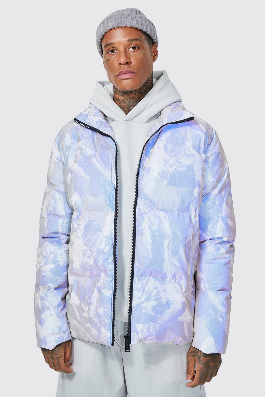 Grey gris Mountain Reflective Print Funnel Neck Puffer image number 1