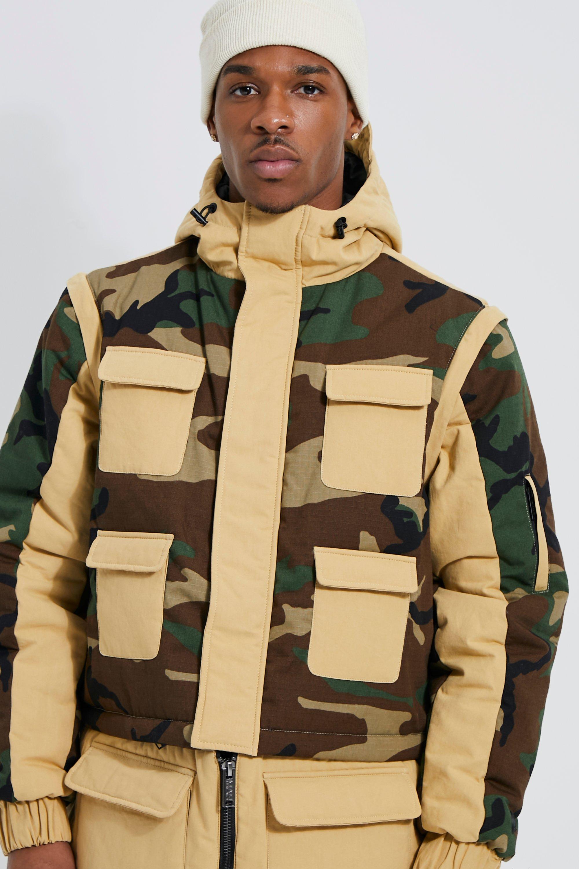 Multi Functional Zip Camo Colourblock Parka boohoo