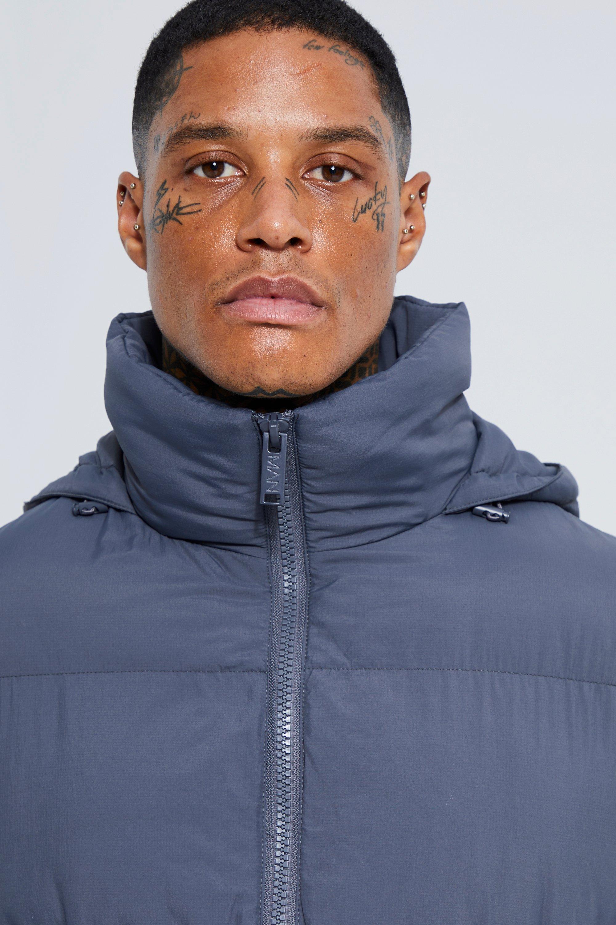 Men's Hooded Sports Puffer Jacket in Dark Slate Grey
