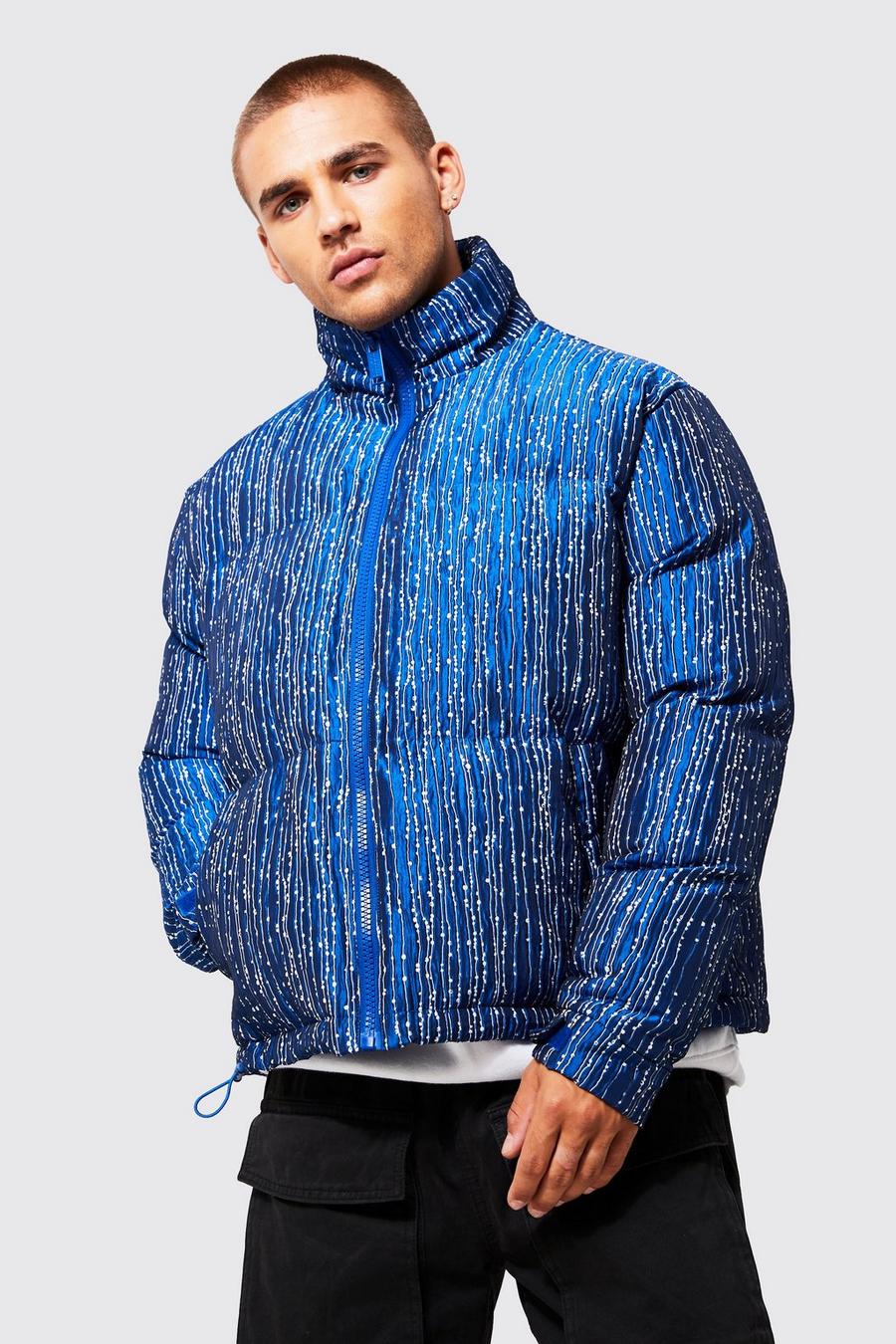 Blue Striped Textured Funnel Neck Puffer image number 1