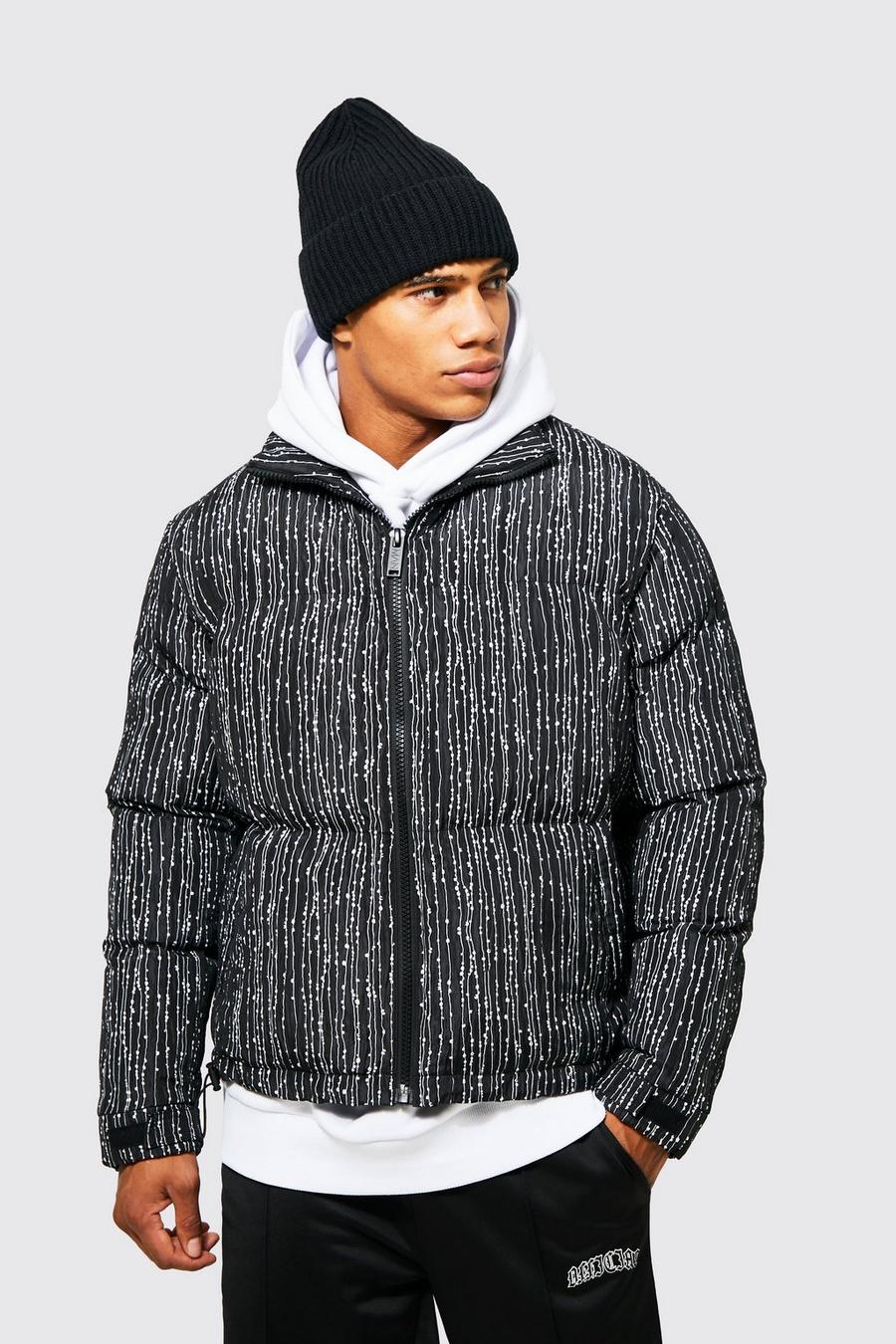 Black Striped Textured Funnel Neck Puffer image number 1