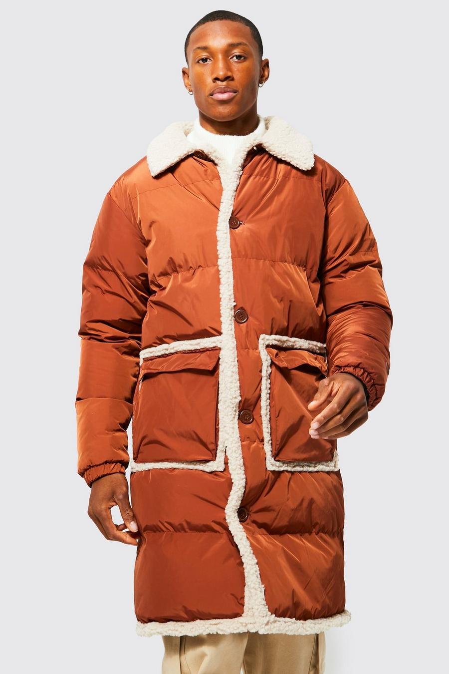 Rust orange Borg Trim Puffer Overcoat