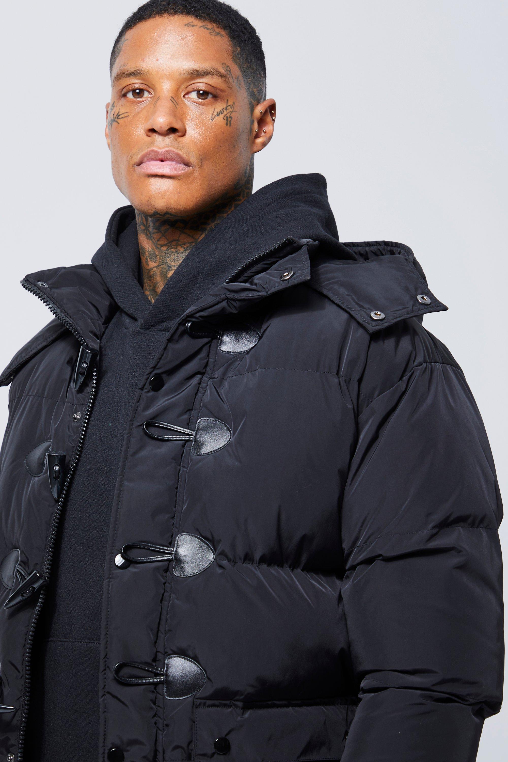 Mens black cheap hooded puffer jacket