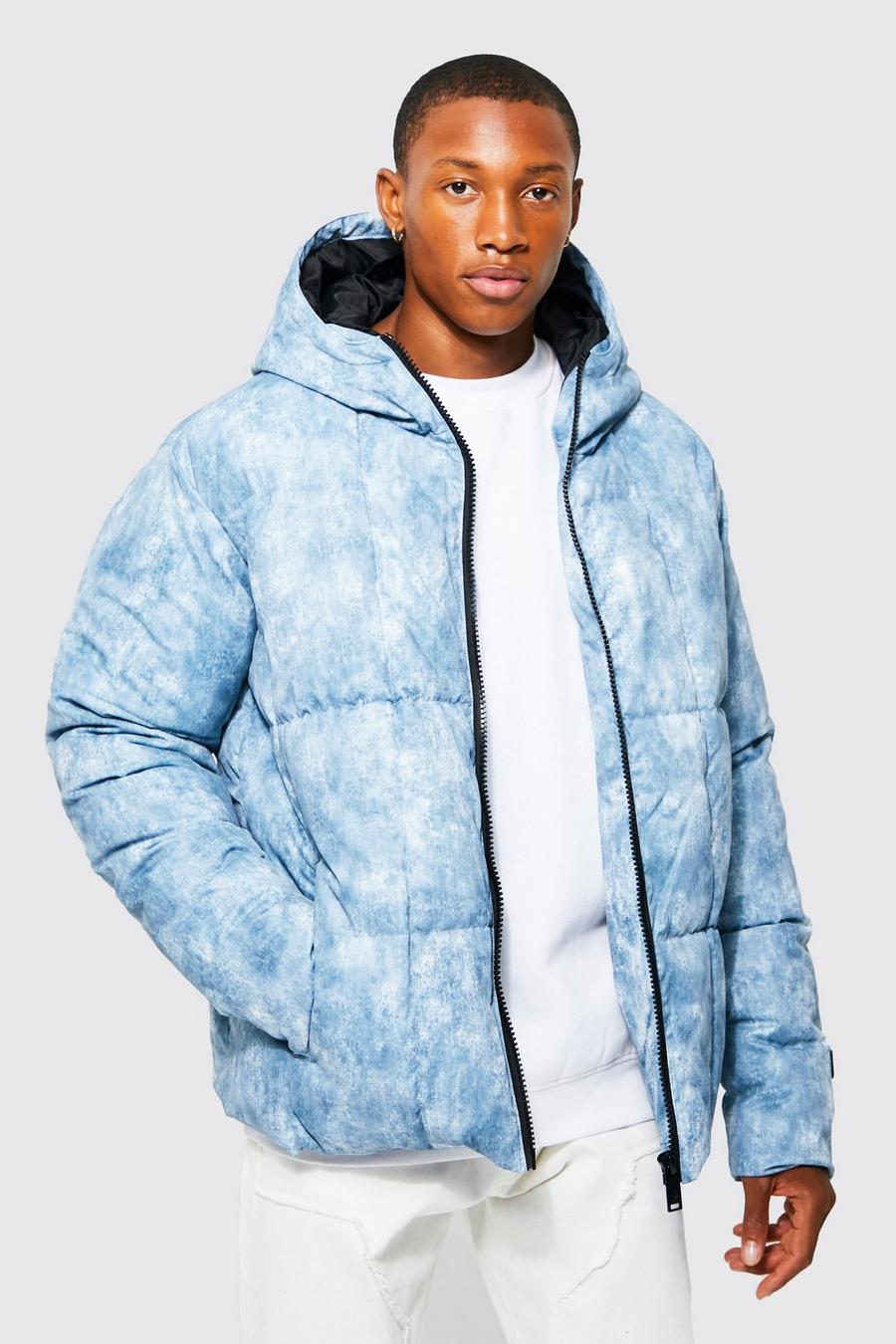 Light blue Boxy Tie Dye Square Panel Hooded Puffer image number 1