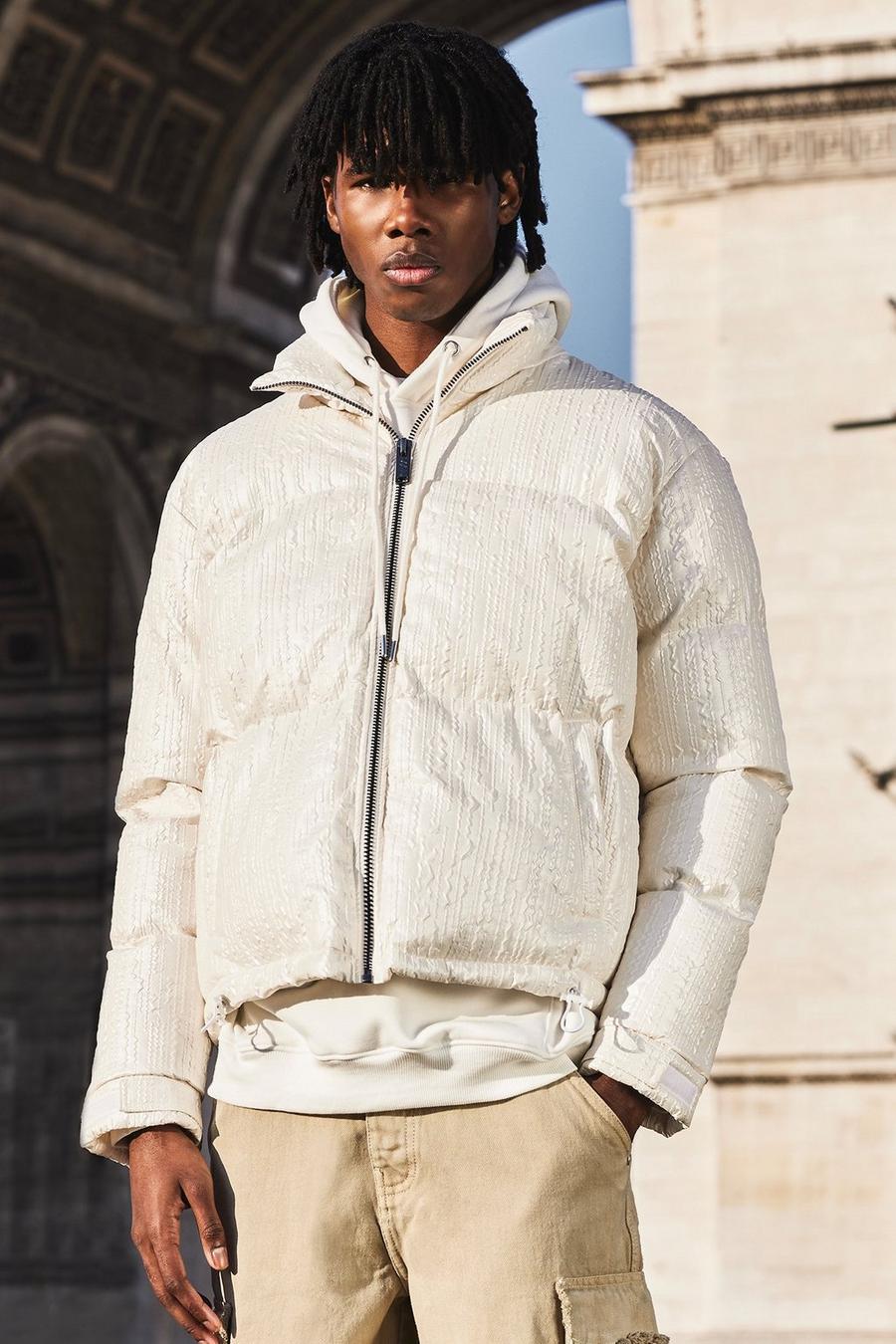 White Textured Funnel Neck Puffer