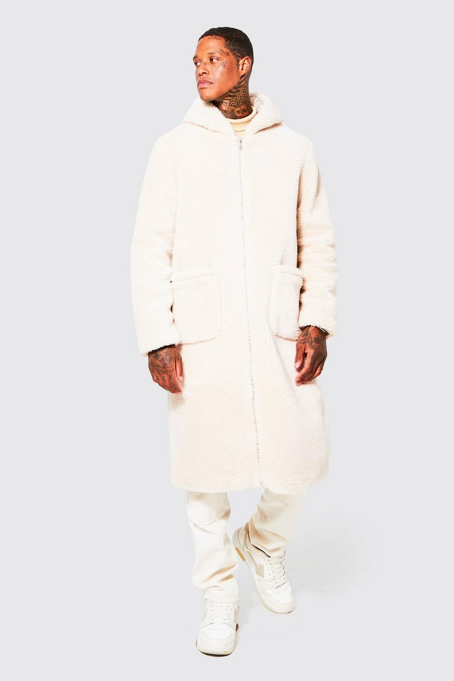 Abrigo de borreguito largo con capucha, Ecru blanco