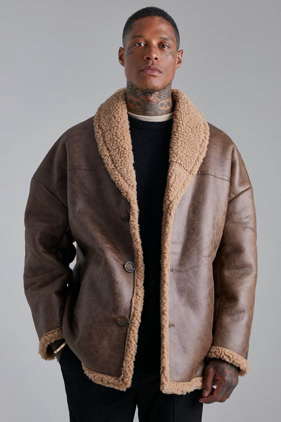 Chocolate brown Oversized Leather Look Borg Trim Jacket