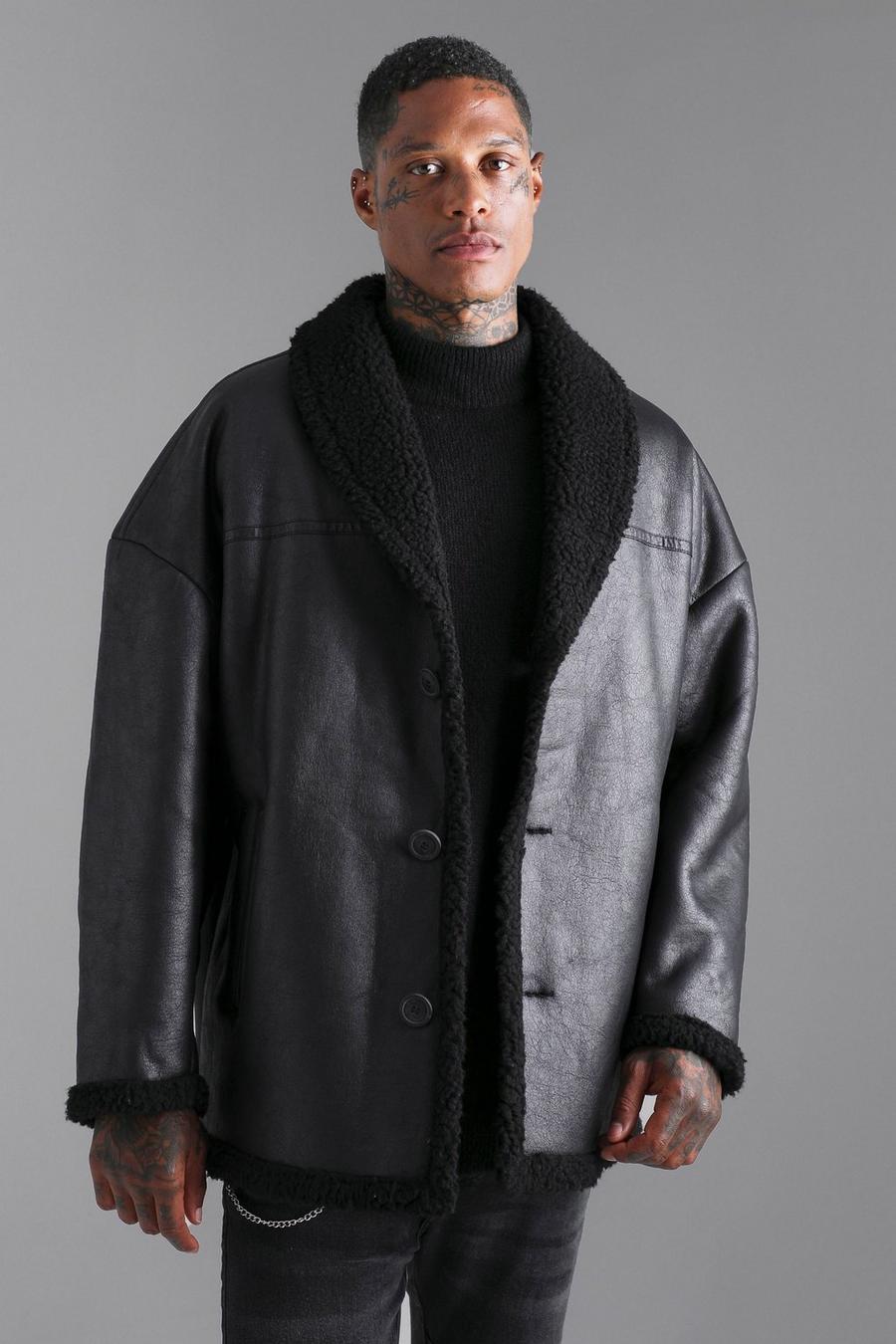 Black Oversized Leather Look Borg Trim Jacket image number 1