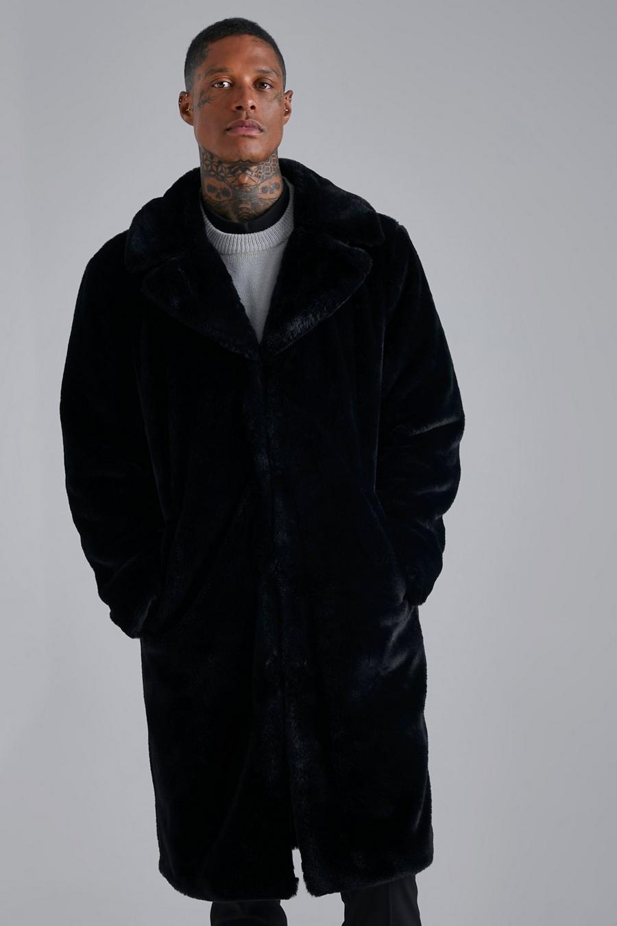 Black svart Faux Fur Longline Overcoat