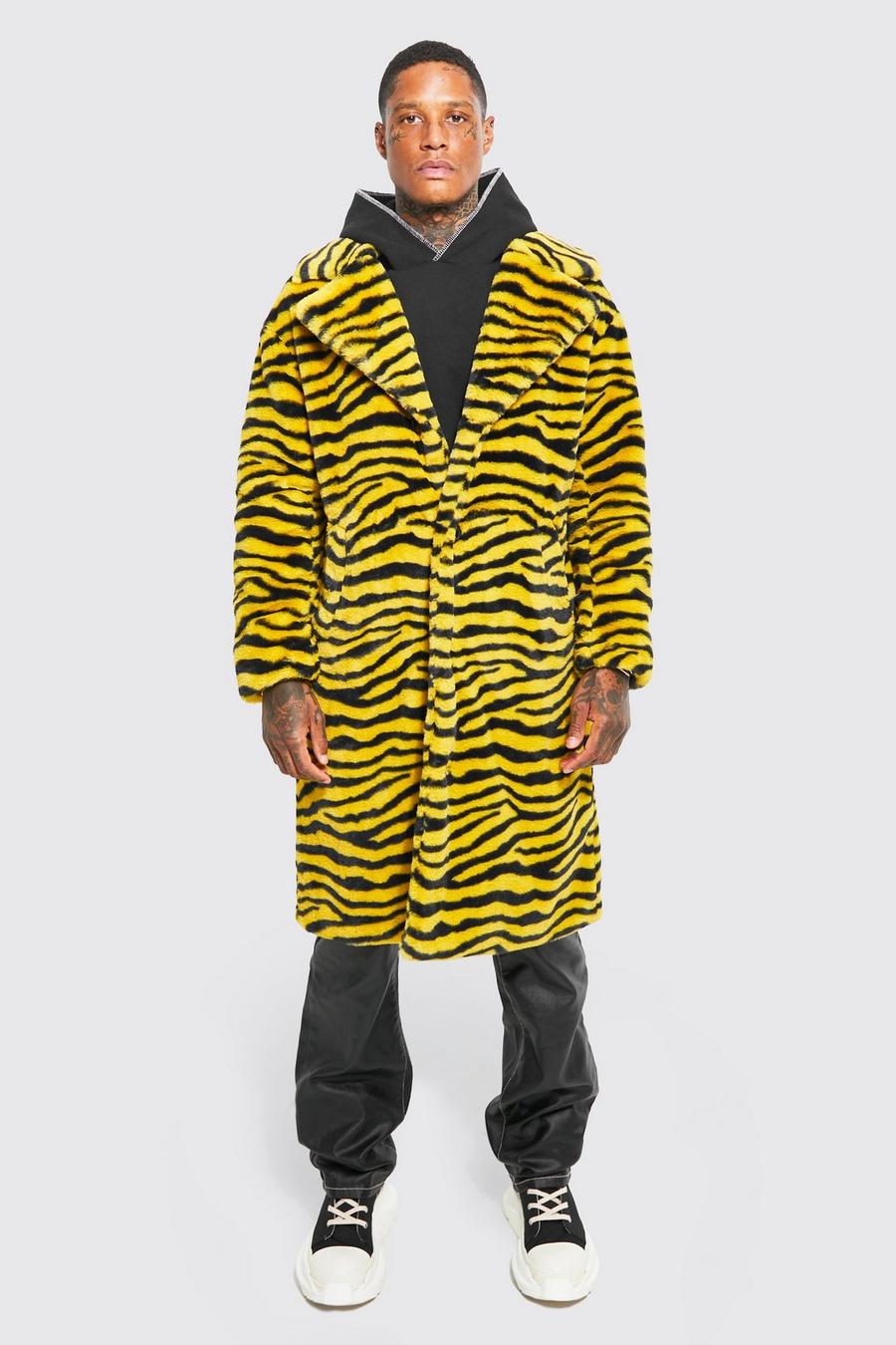 Yellow Faux Fur Tiger Print Overcoat image number 1