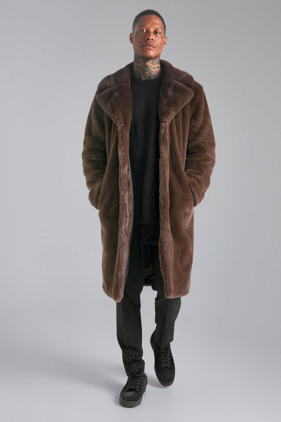 Chocolate Faux Fur Longline Overcoat image number 1