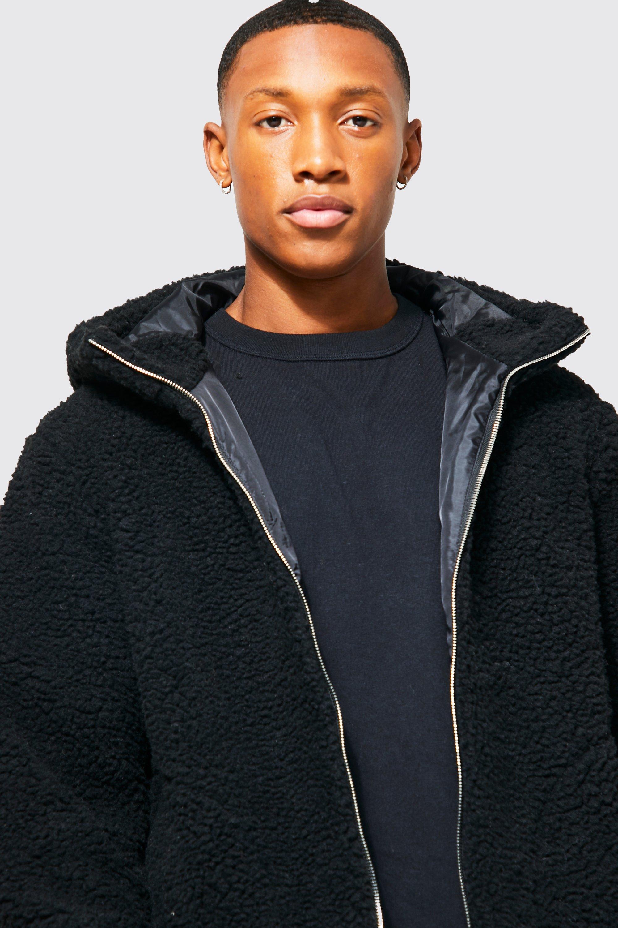 boohoo Mens Quilted Zip Through Jacket with Hood - Black L