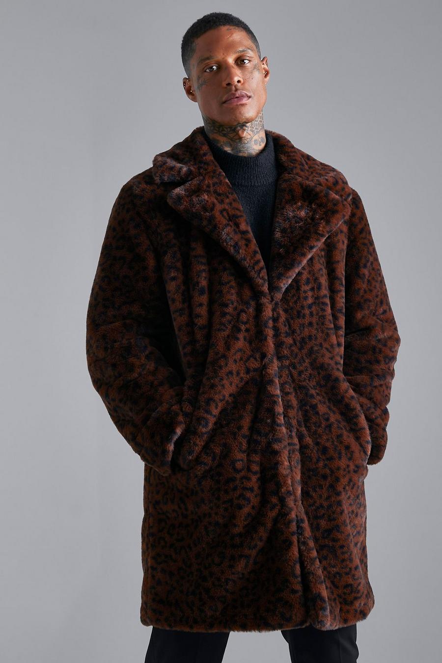 Manteau imprimé léopard en fausse fourrure, Chocolate image number 1