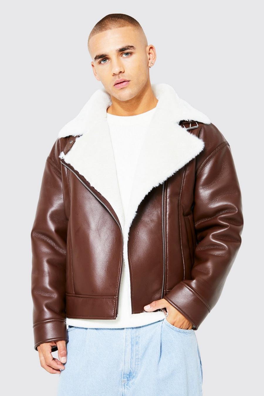 Chocolate Boxy Leather Look Faux Fur Trim Aviator image number 1