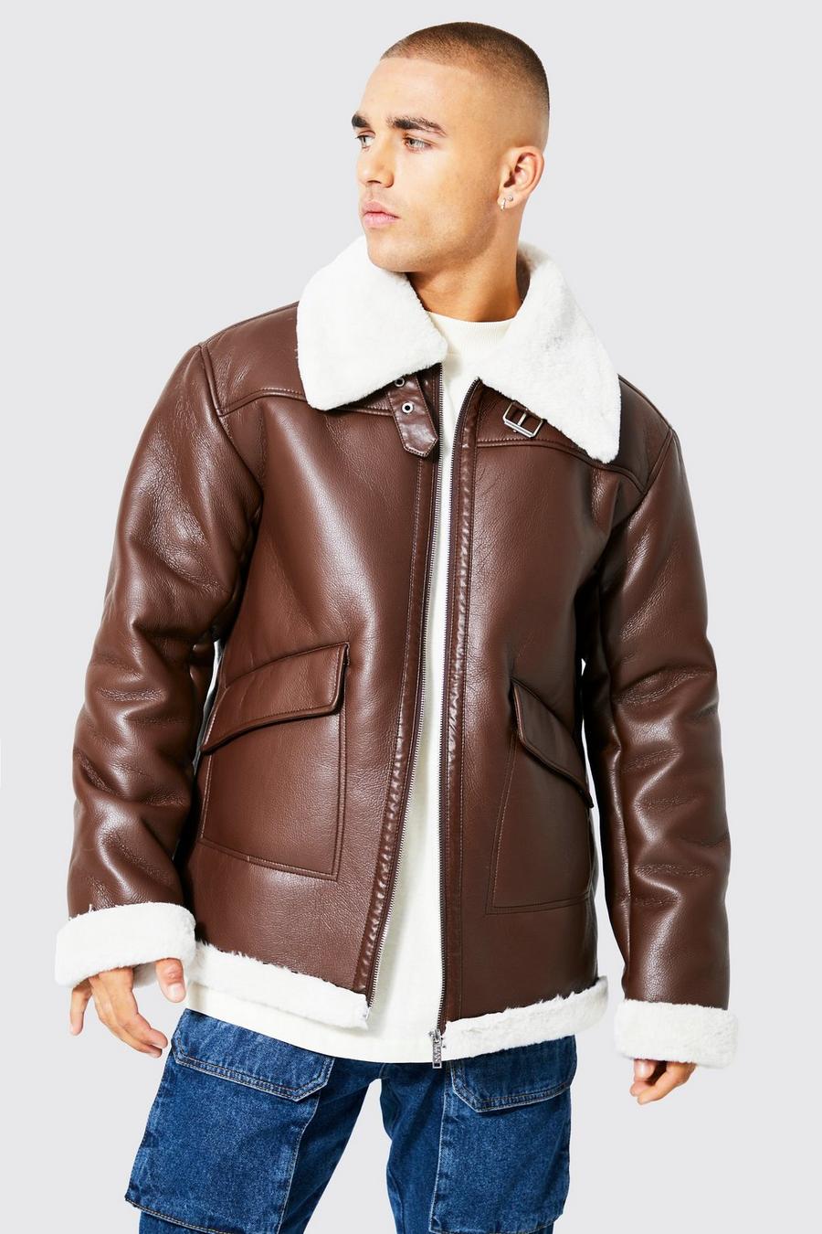 Chocolate Oversized Leather Look Aviator With Wide Borg Collar image number 1