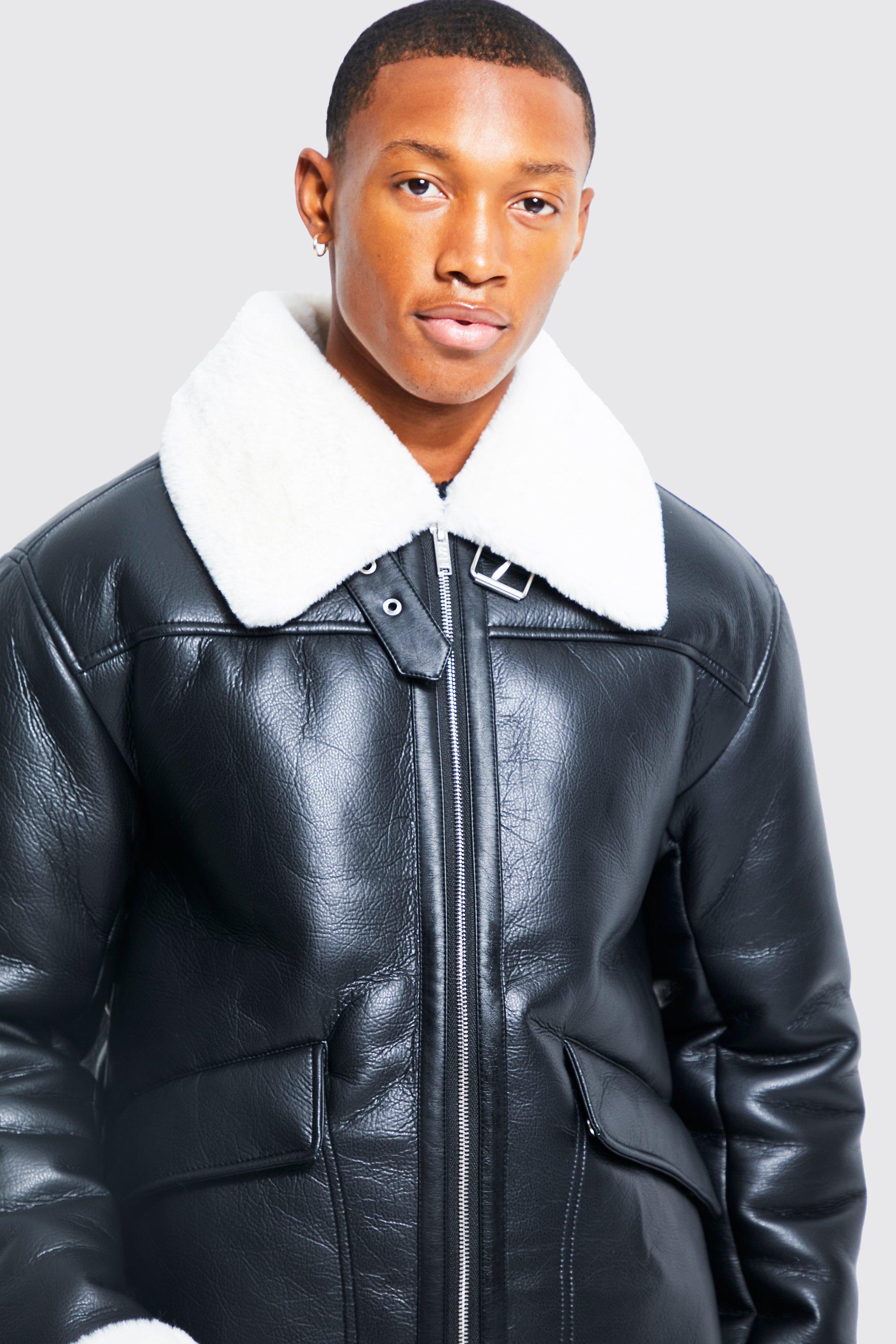 Oversized Leather Look Aviator With Wide Borg Collar