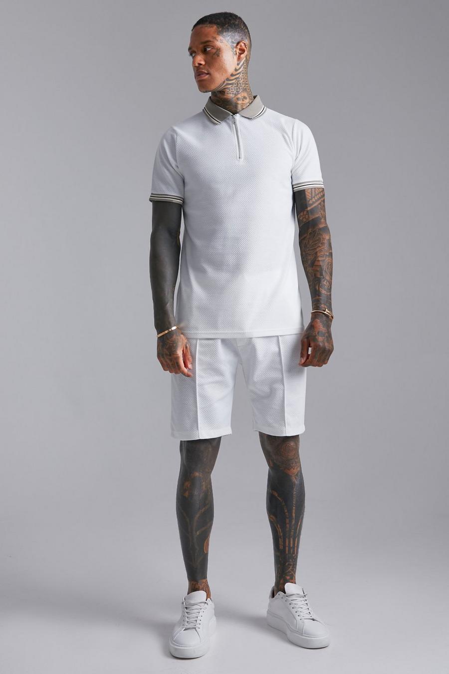 Ecru white Textured Slim Fit Polo & Short Set