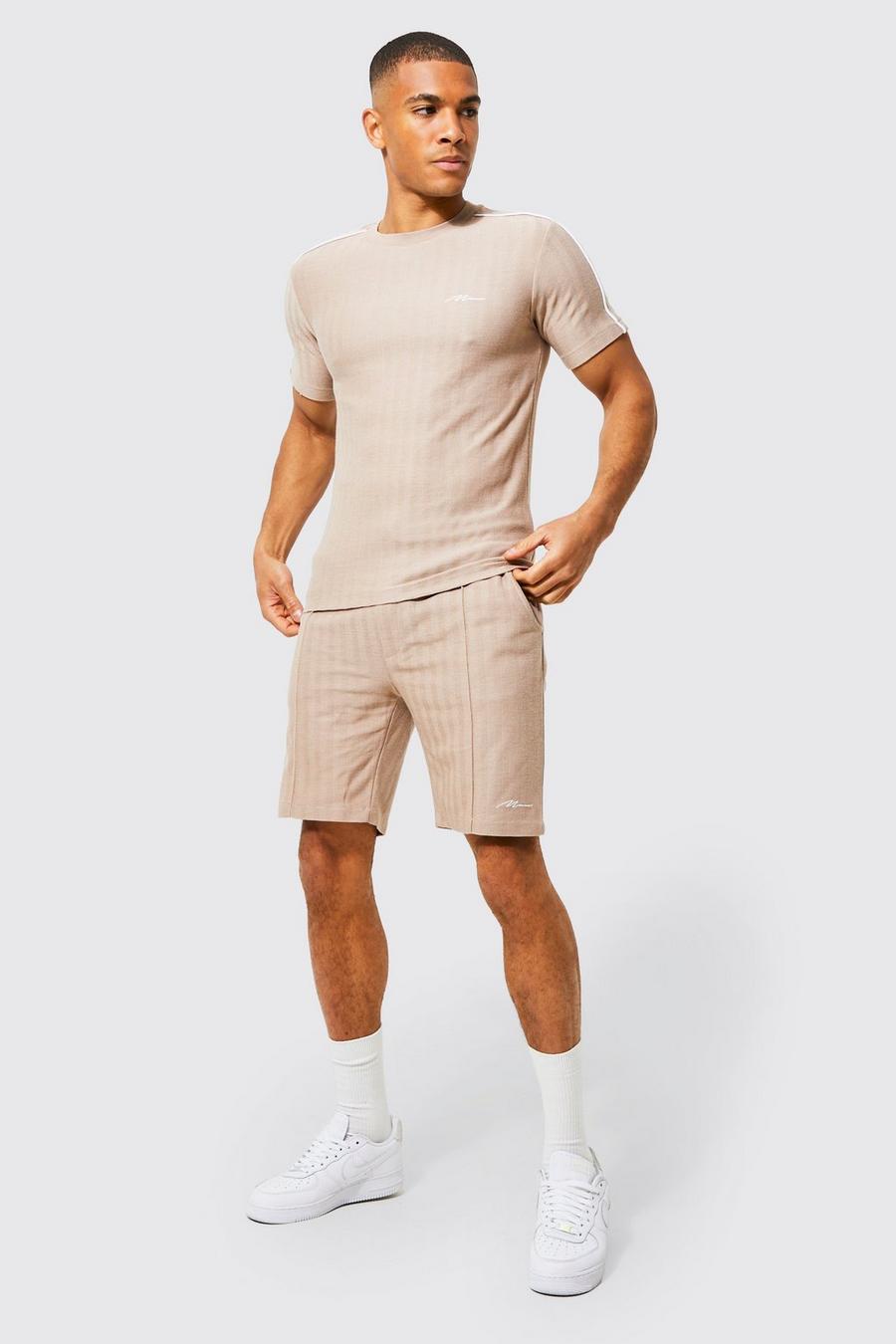 Stone beige Jacquard Muscle Fit Short Set With Piping