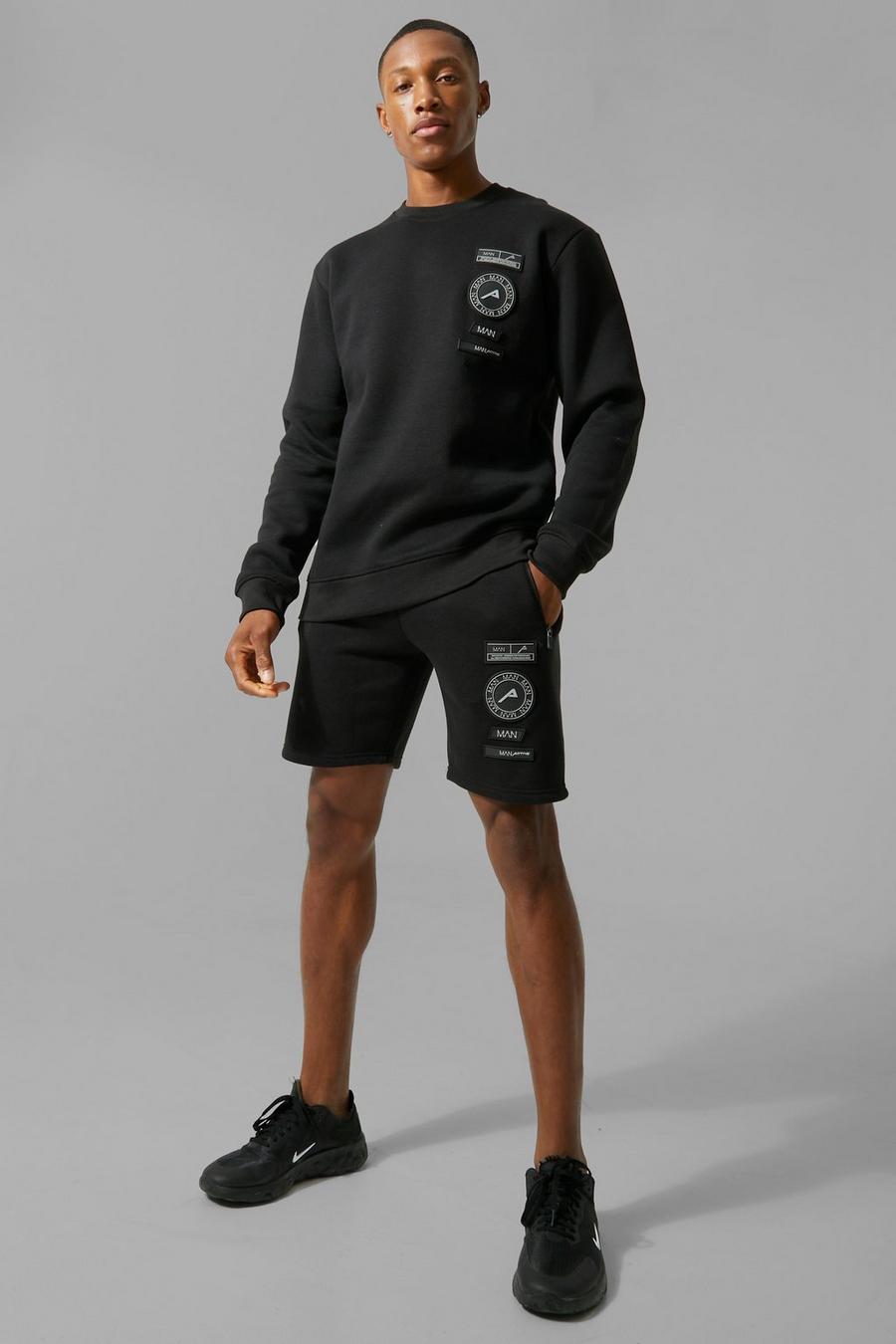 שחור nero חליפת טרנינג ספורטיבית עם שורט וסווטשירט עם כיתוב Man ותגים מרובים image number 1
