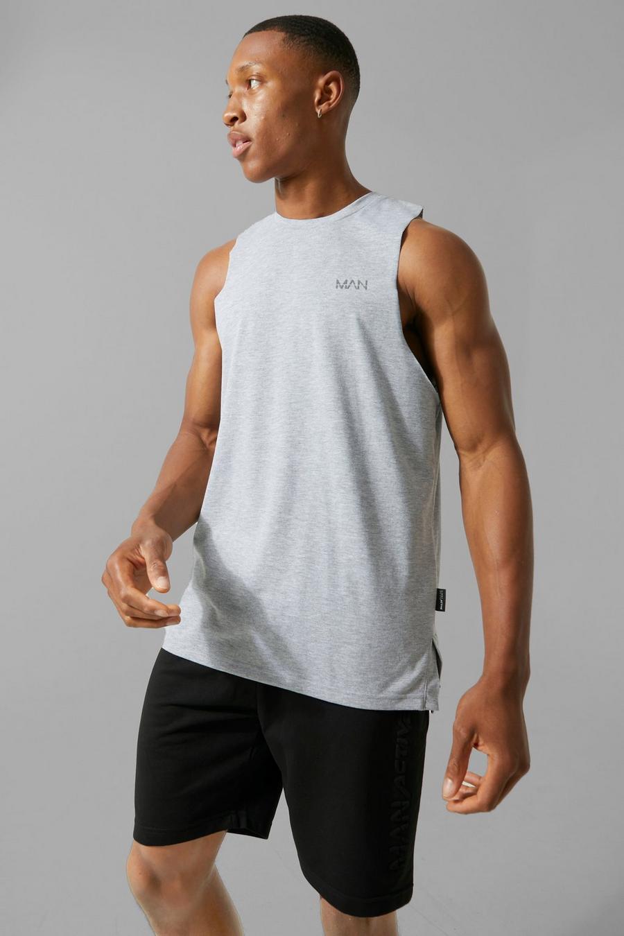 Grey marl MAN Active Gym Tank with Woven Tab image number 1