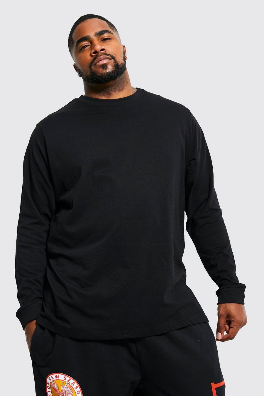 T-shirt Plus Size Basic a girocollo a maniche lunghe, Black nero