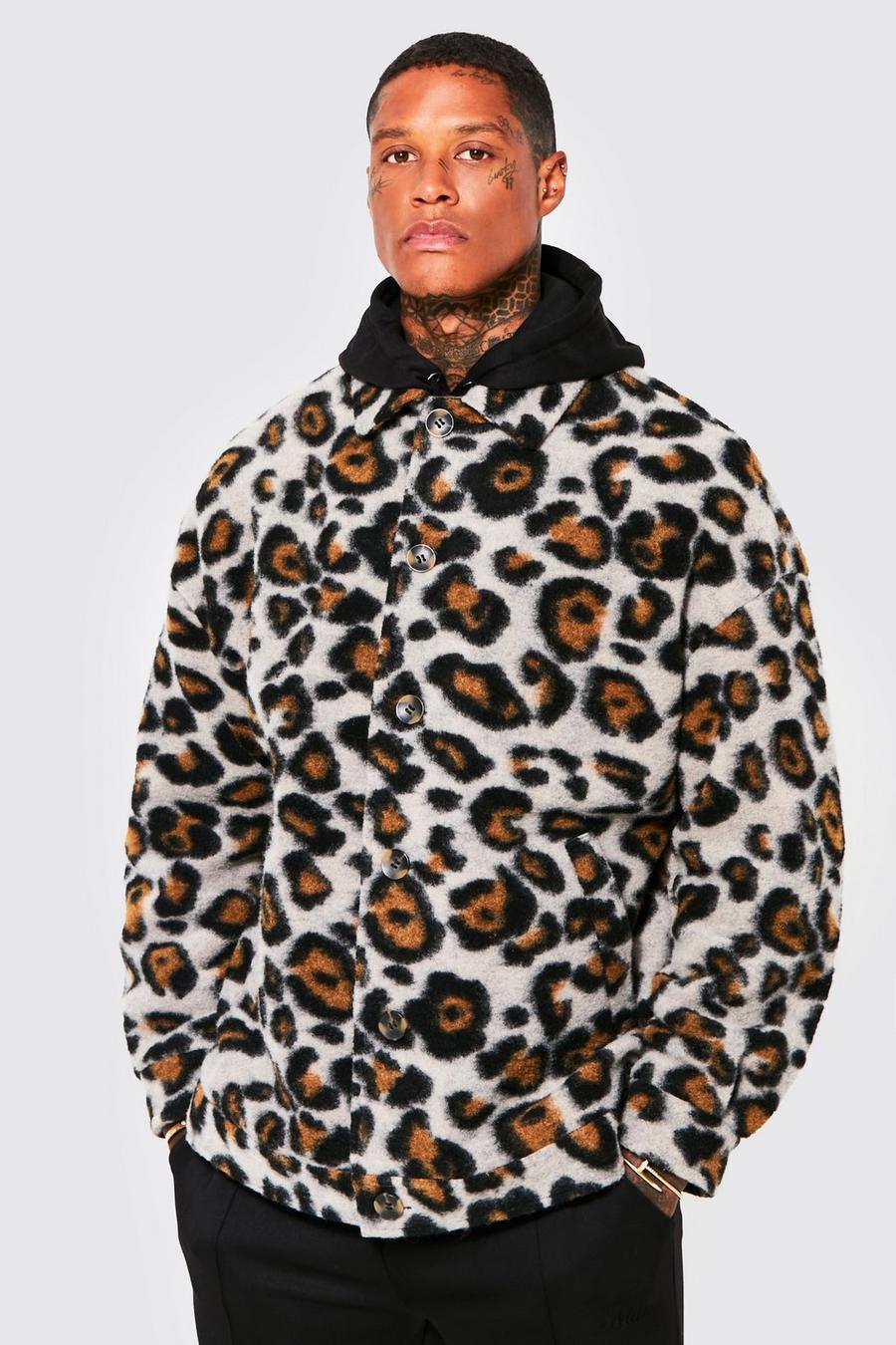 Brown Oversized Wool Look Leopard Print Harrington image number 1