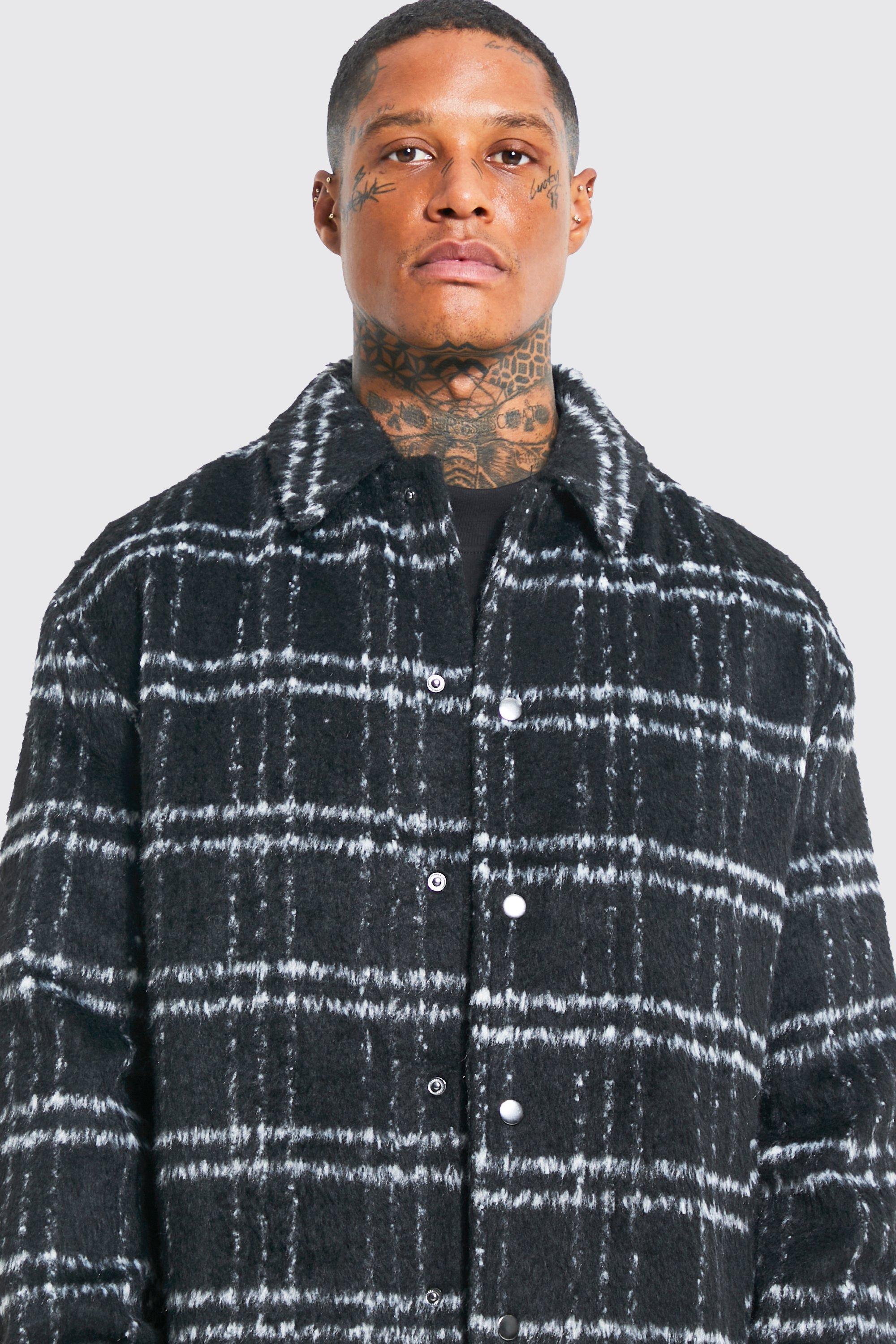 Men's Oversized Wool Look Check Drawcord Coach Jacket | Boohoo UK