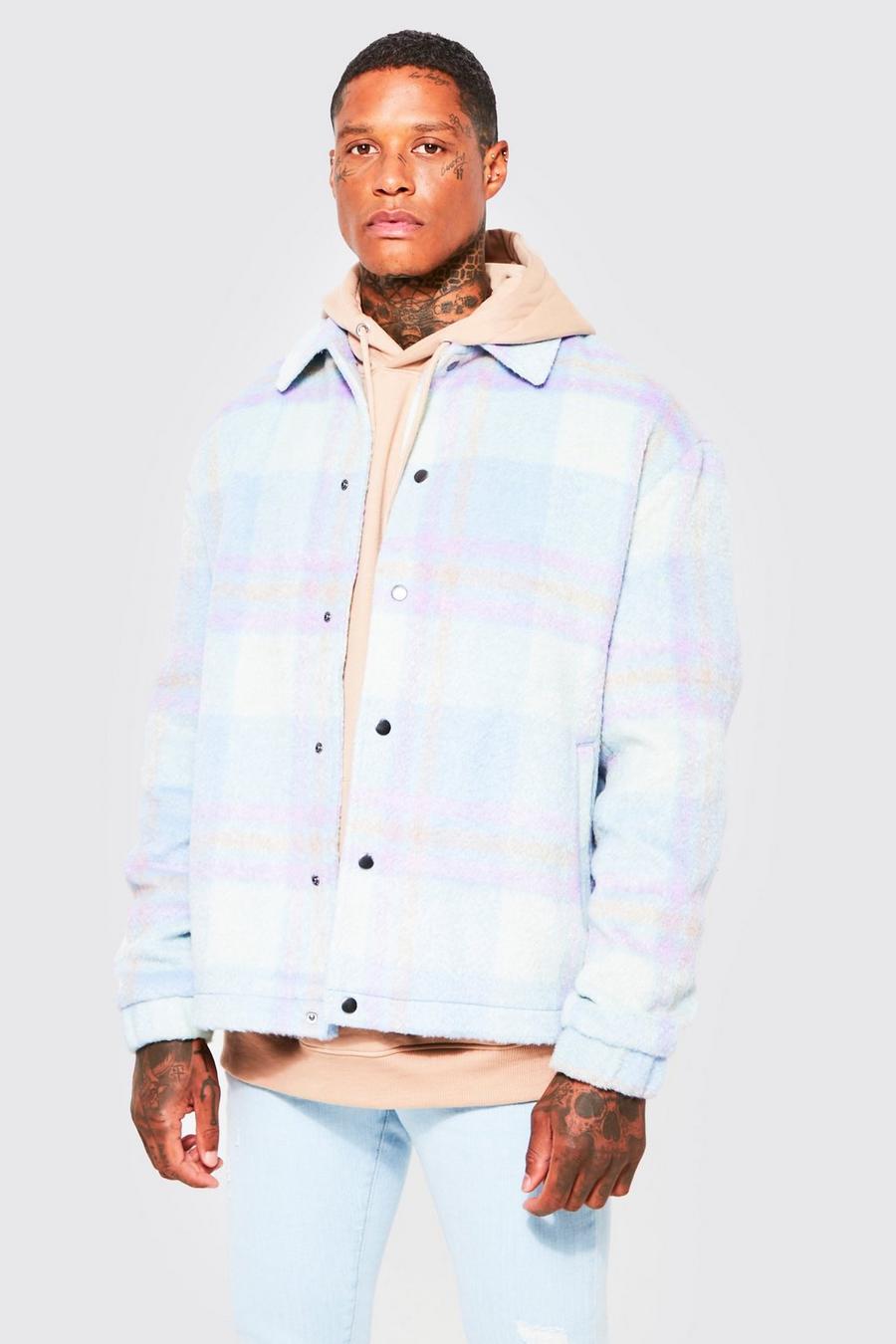Lilac Oversized Wool Look Check Drawcord Coach Jacket image number 1