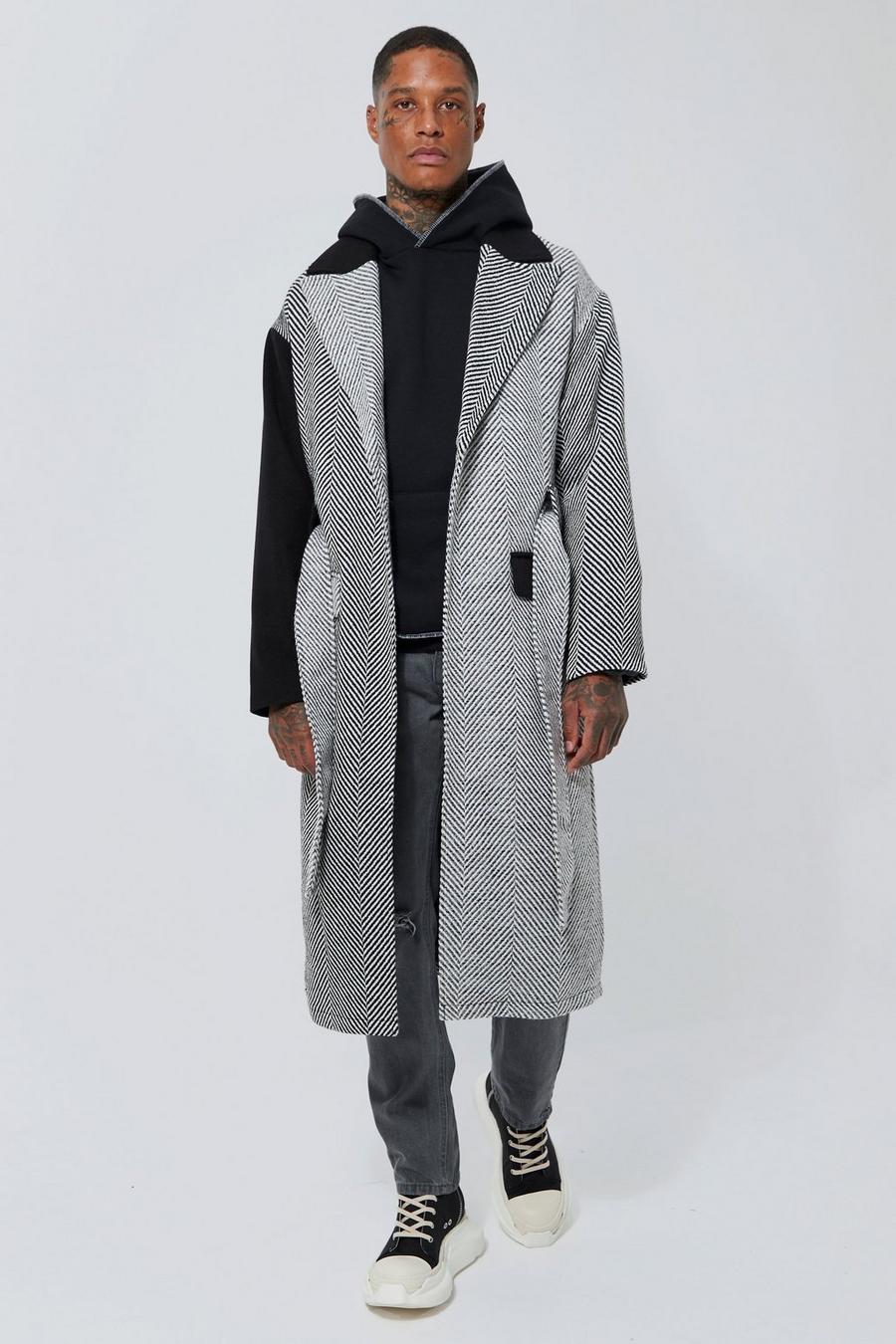 Grey Wool Look Tonal Colourblock Belted Overcoat image number 1