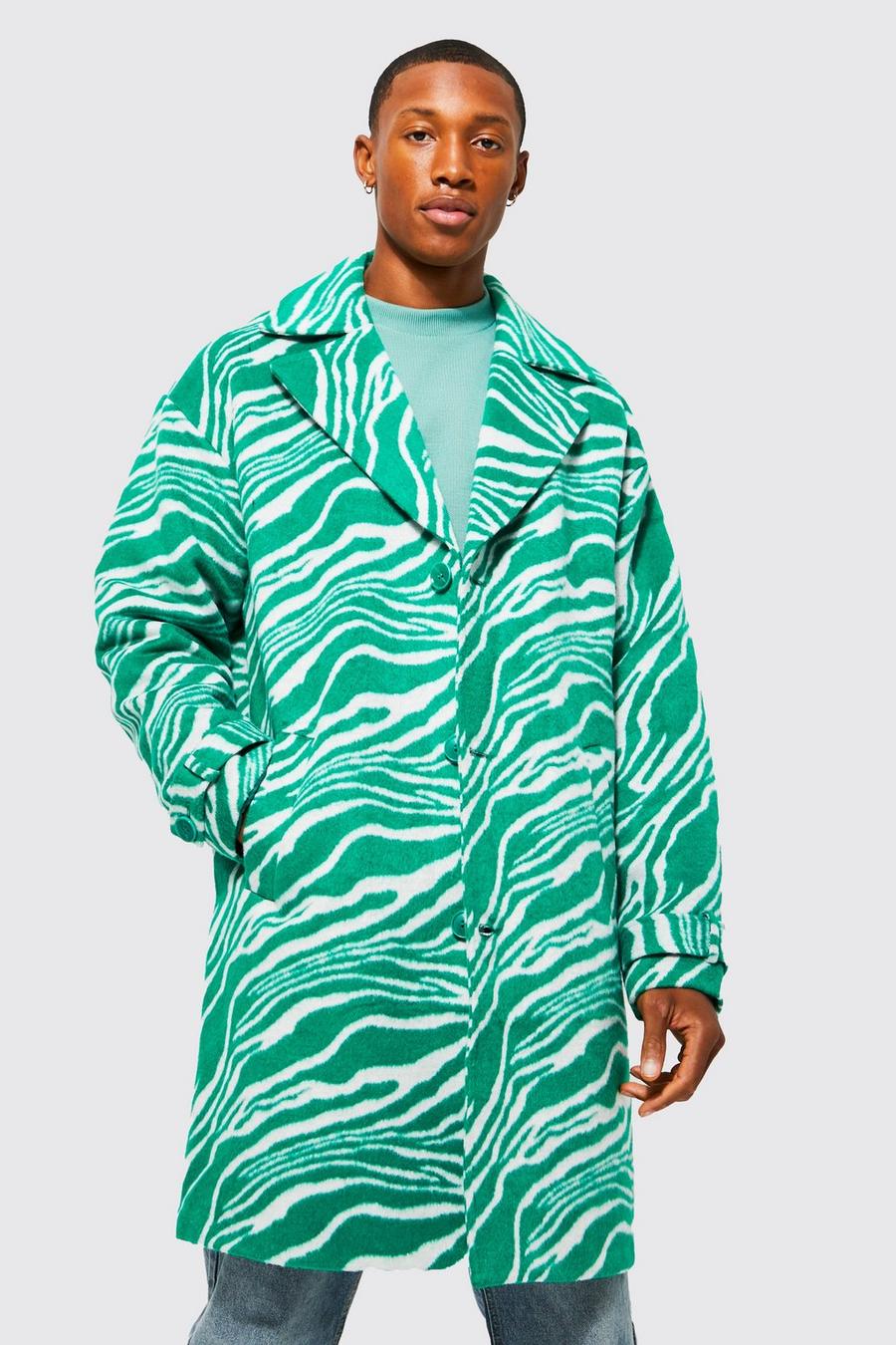 Green vert Wool Look Animal Print Overcoat