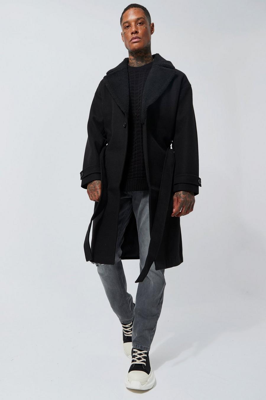 Black Wool Look Overcoat With Borg Collar