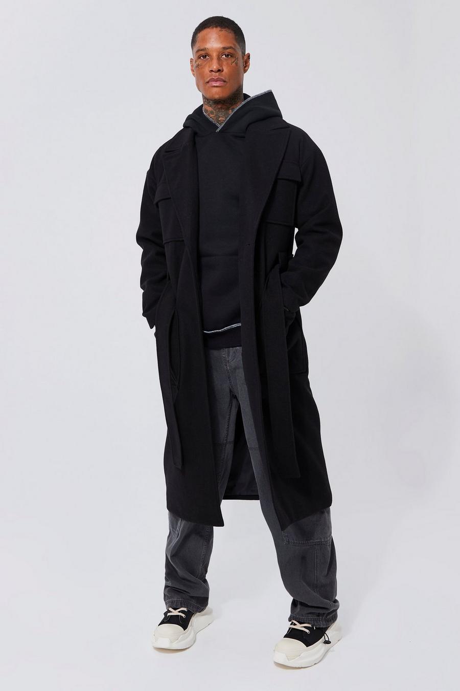 Langer Mantel mit 4 Taschen und Gürtel, Black