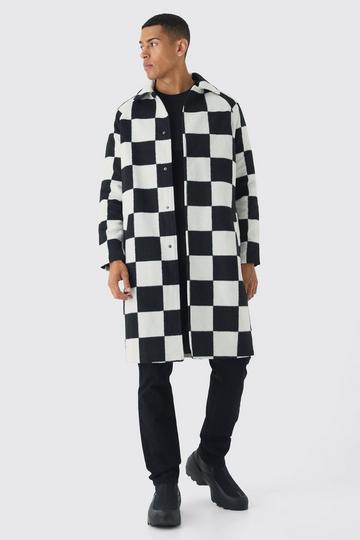 Black Wool Look Checker Single Breasted Overcoat