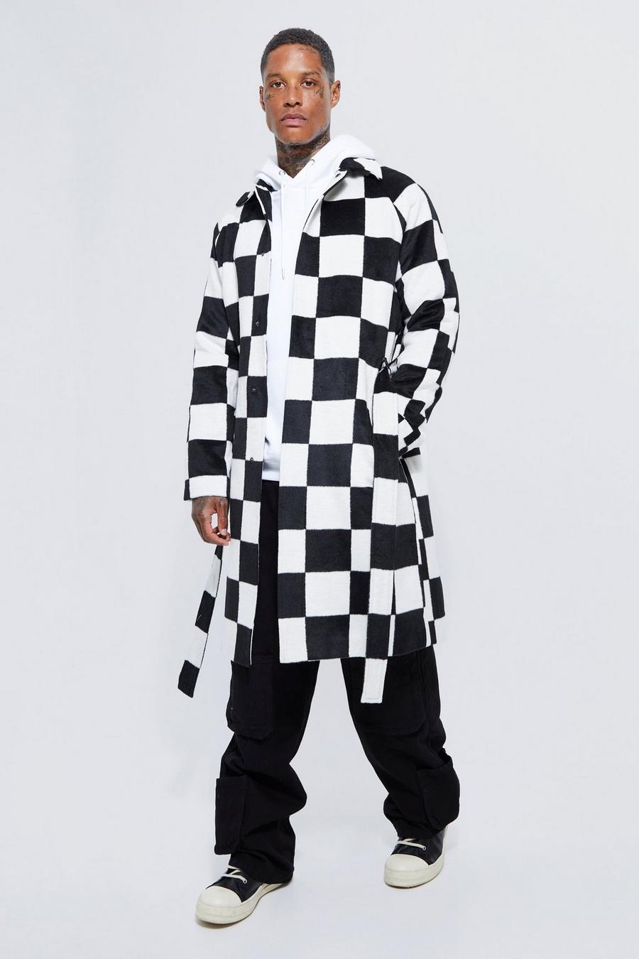 Black Wool Look Checker Single Breasted Overcoat